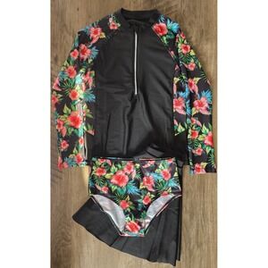 Girls Tropical Floral 3 Piece Rash Guard Swimsuit Set Black Red Size 12 11-12Y